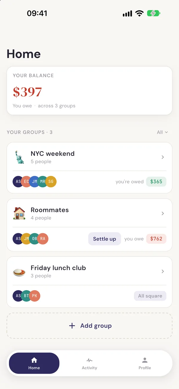 SettleTab home screen showing groups and who owes whom.